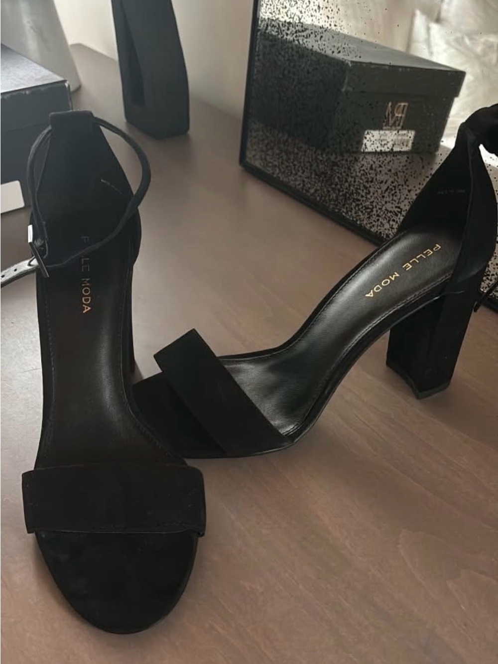 Pelle Moda Black Suede Block Heel Ankle Strap Sandals